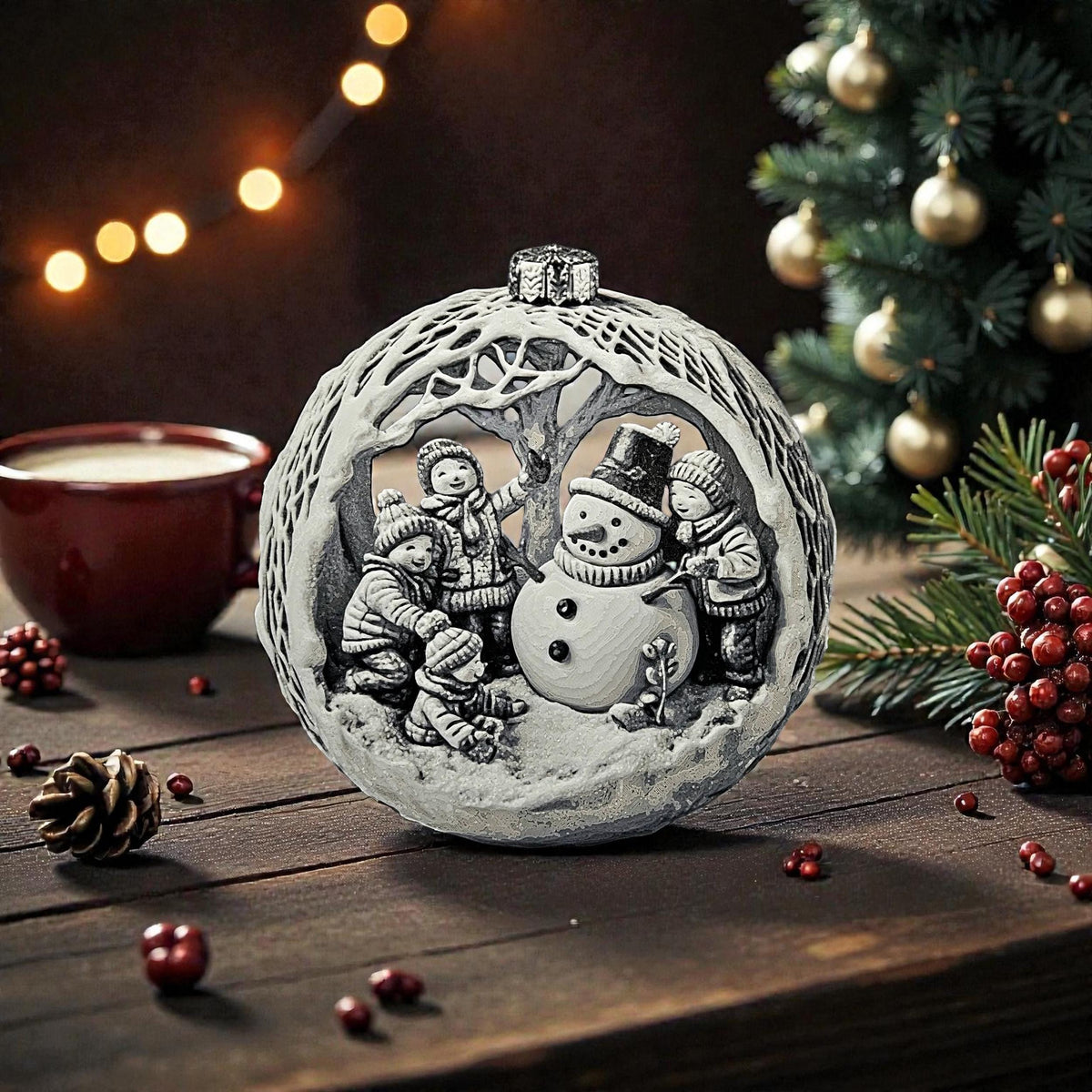 Premium 3D Printed Ornament Christmas Snowman Scene Relief Design Round Bauble Tree Hanging Decoration Winter Holiday Display Quality PLA Material Construction Festive Children Building Snowman Memory Traditional Christmas Decor Perfect