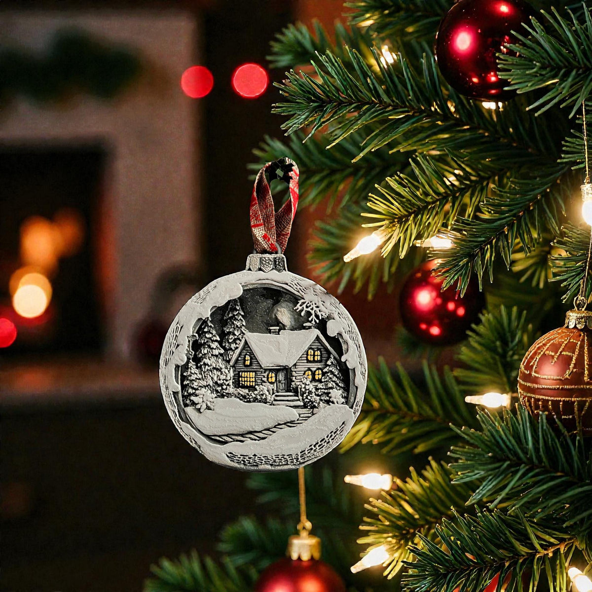 Winter Scene Ornament Christmas Village Display Snow Landscape Mountain Cottage Illuminated Windows Christmas Tree Decoration Holiday Bauble Festive Home Decor Pine Trees Snow Covered Landscape Traditional Design Premium Quality 3D Printed