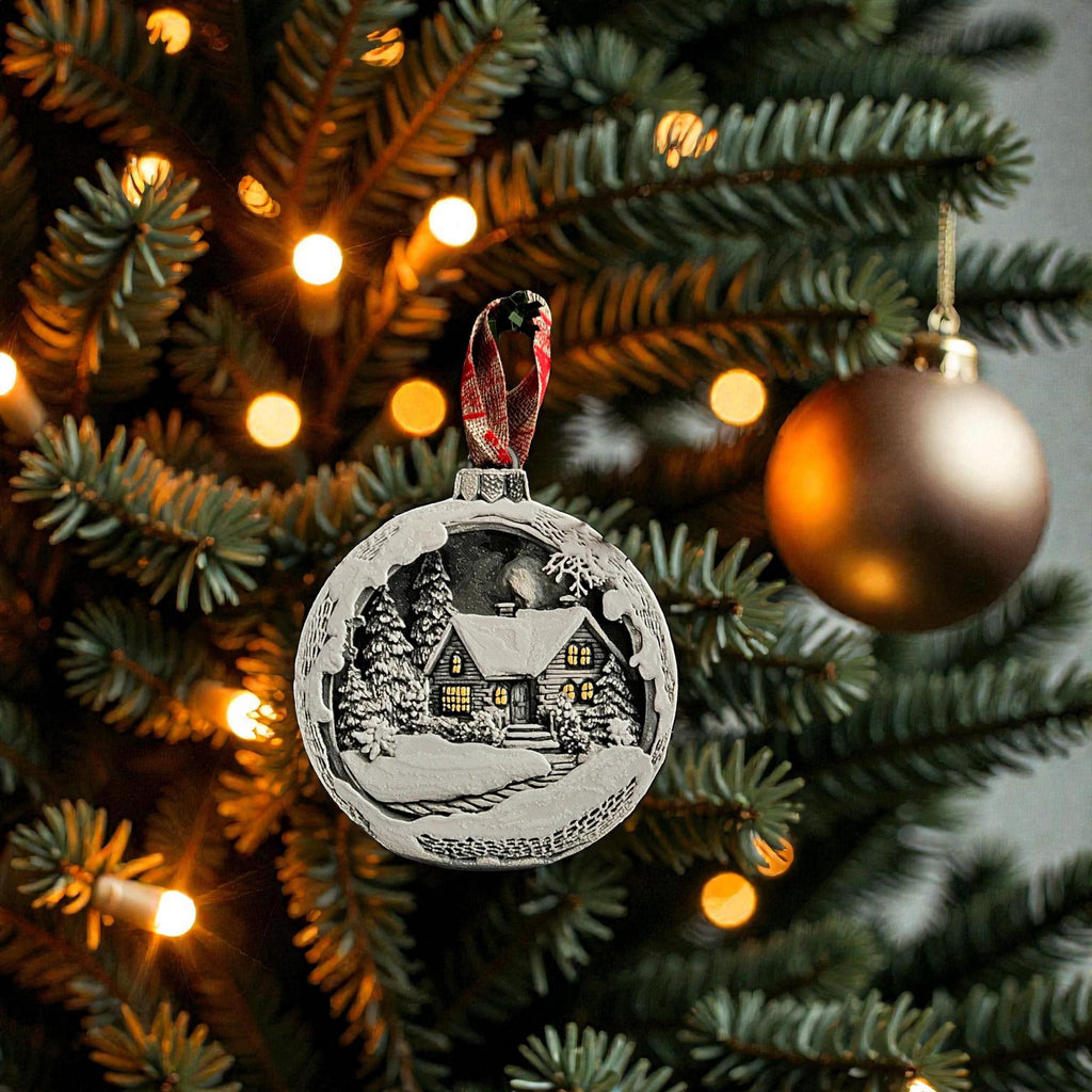 Christmas Gift Ornament Winter Village Scene Holiday Decoration Tree Bauble Mountain Cottage Display Illuminated Windows Pine Trees Snow Landscape Traditional Design Festive Season Keepsake Premium Quality 3D Printed Decoration Red Ribbon