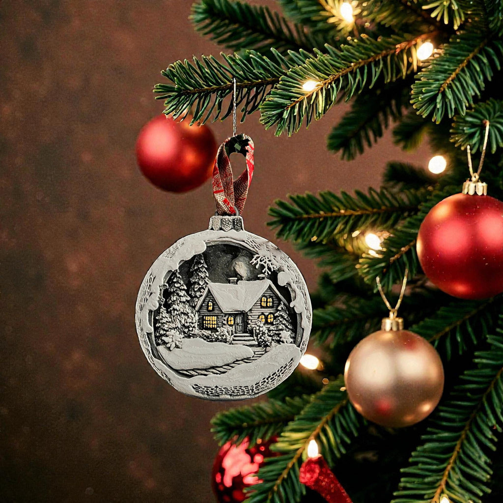 3D Printed Ornament Christmas Village Scene Winter Landscape Mountain Cottage Design Illuminated Windows Pine Trees Snow Covered Display Holiday Tree Decoration Festive Season Bauble Premium Quality Material Red Ribbon Hanging Ornament