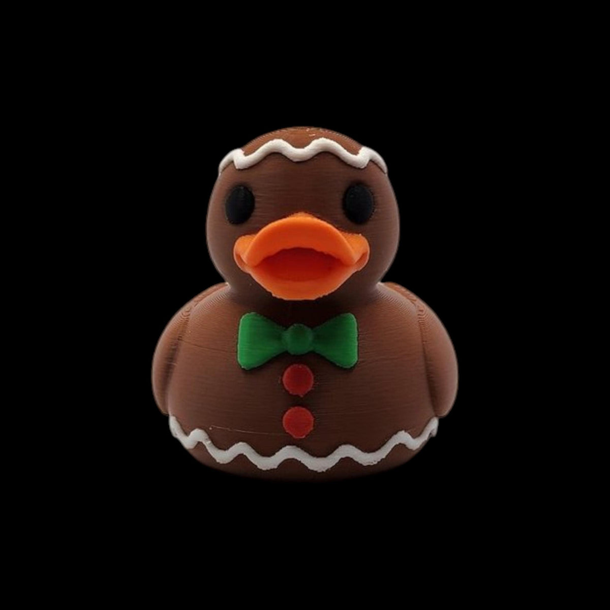 Gingerbread Rubber Duck Christmas Bath Toy Holiday Decoration Brown Body White Icing Trim Orange Bill Black Eyes Green Bow Tie Red Buttons Festive Bathroom Accessory Novelty Gift Idea Winter Decor Collectible Item Stocking Stuffer Holiday