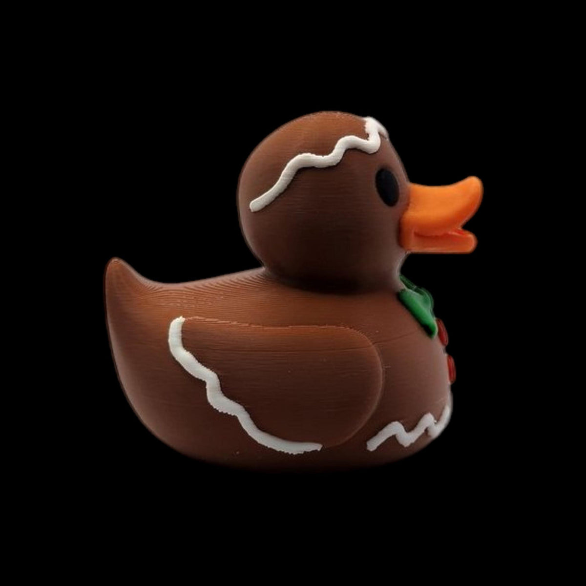 Novelty Bath Toy Gingerbread Design Christmas Duck Collection Holiday Themed Decoration Brown Rubber Duck White Icing Detail Orange Bill Green Bow Red Button Features Festive Bathroom Accessory Winter Holiday Gift Collectible Item Stocking
