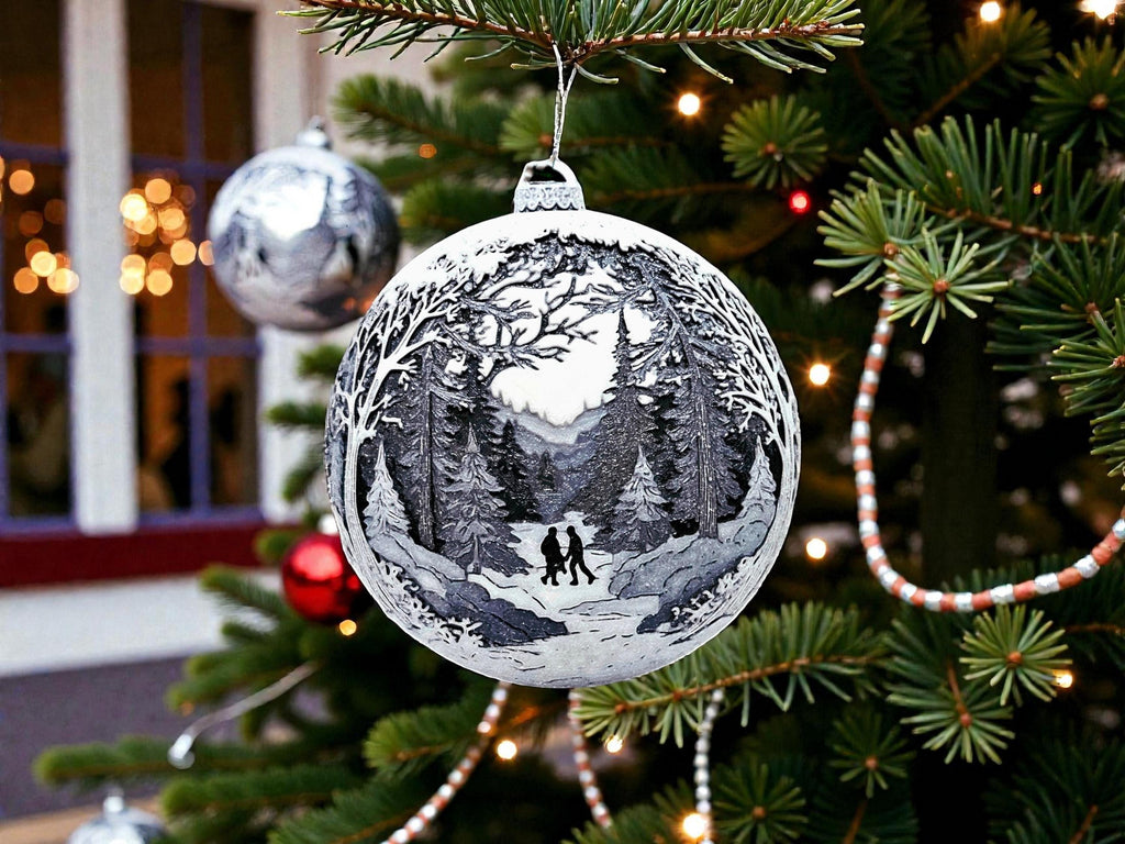 Holiday Decoration Ornament Christmas Hand in Hand Winter Landscape Mountain Cottage Display Illuminated Windows Pine Trees Snow Covered Design Tree Bauble Hanging Decoration Festive Season Collection Traditional Christmas Decor Premium
