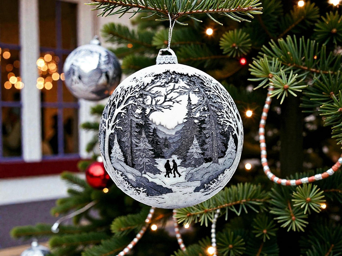 Holiday Decoration Ornament Christmas Hand in Hand Winter Landscape Mountain Cottage Display Illuminated Windows Pine Trees Snow Covered Design Tree Bauble Hanging Decoration Festive Season Collection Traditional Christmas Decor Premium