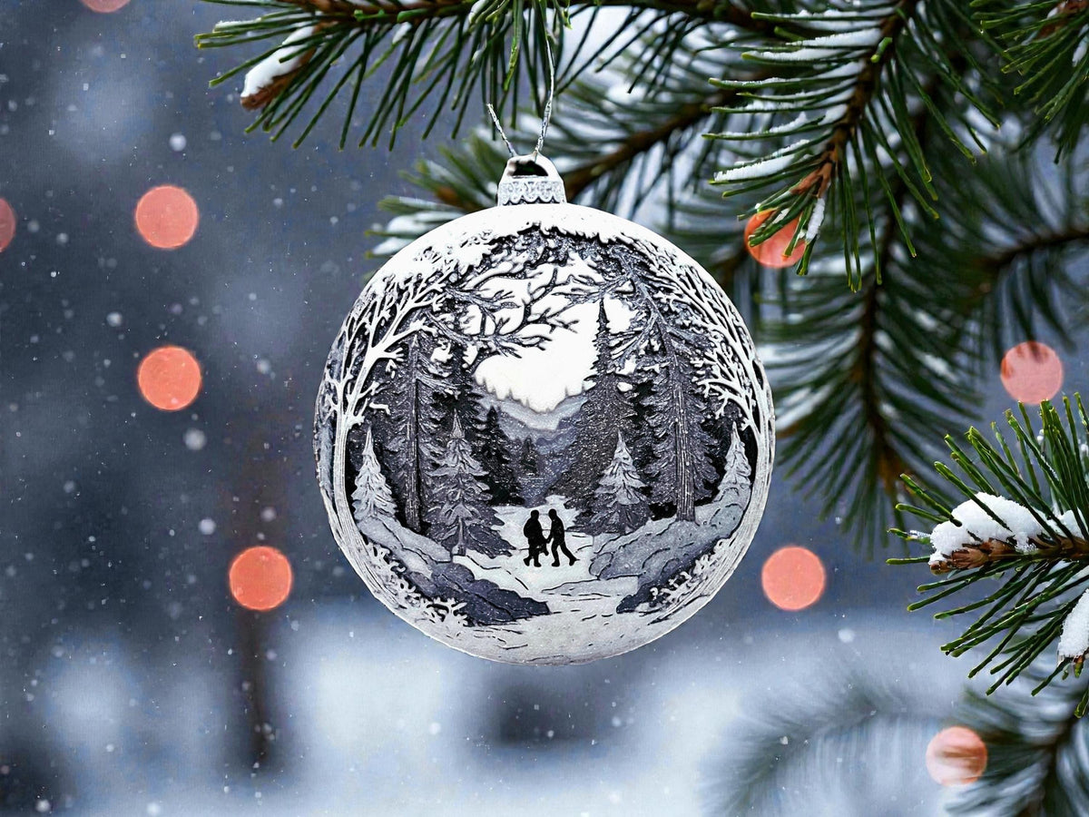 Christmas Gift Ornament Hand in Hand Scene Holiday Decoration Tree Bauble Mountain Cottage Display Illuminated Windows Pine Trees Snow Landscape Traditional Design Festive Season Keepsake Premium Quality 3D Printed Decoration Red Ribbon