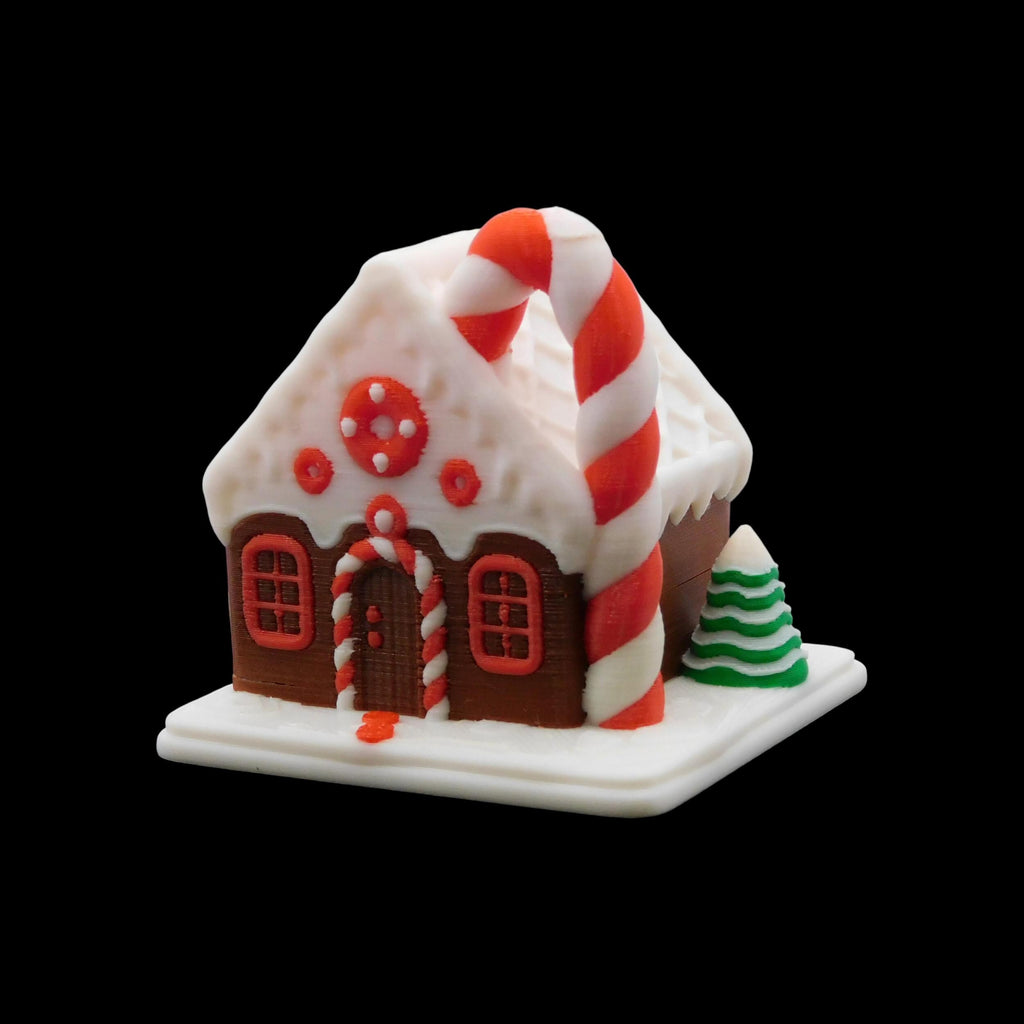 Tabletop Holiday Display Gingerbread House Miniature Christmas Decoration Winter Festive Decor Accent Traditional Design Santa Figure 3D Printed Ornament Tree Hanging Option Premium Quality Construction Brown House Red White Details Candy