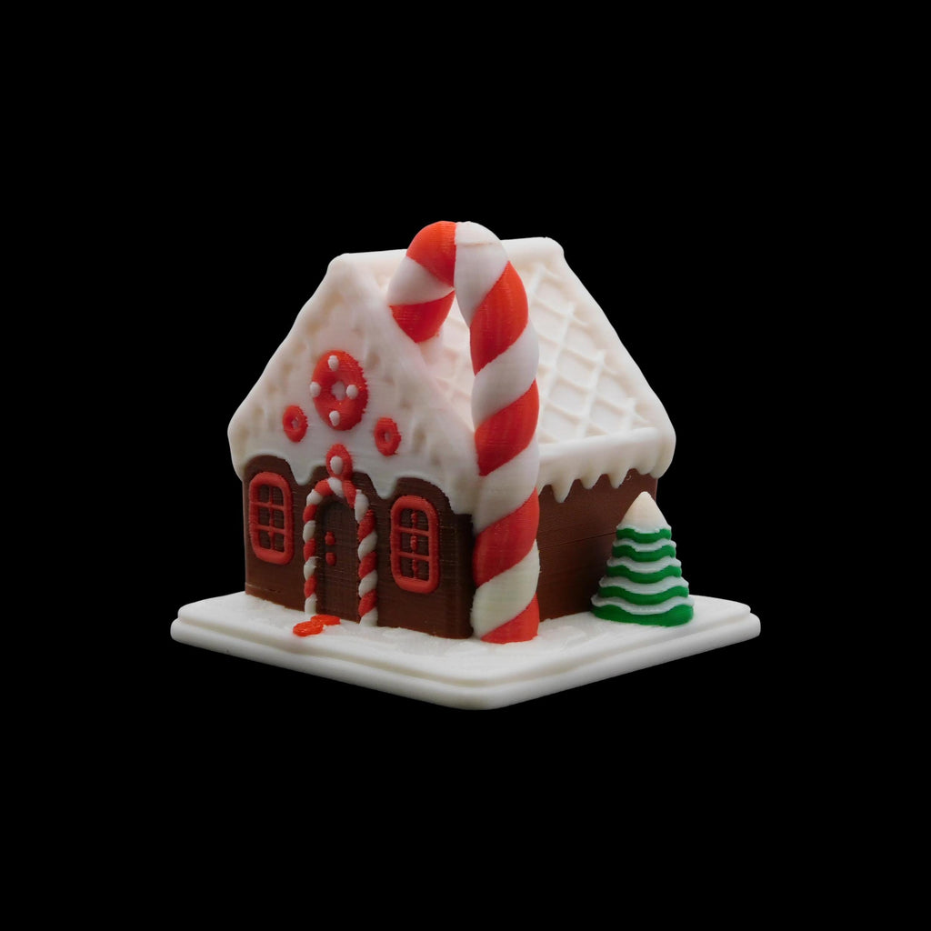3D Printed Gingerbread House Premium PLA Filament Christmas Ornament Tree Decoration Santa Design Holiday Display Piece Tabletop Decor Accent Miniature Winter Scene Traditional Festive Style Brown Base Red White Candy Cane Details Three