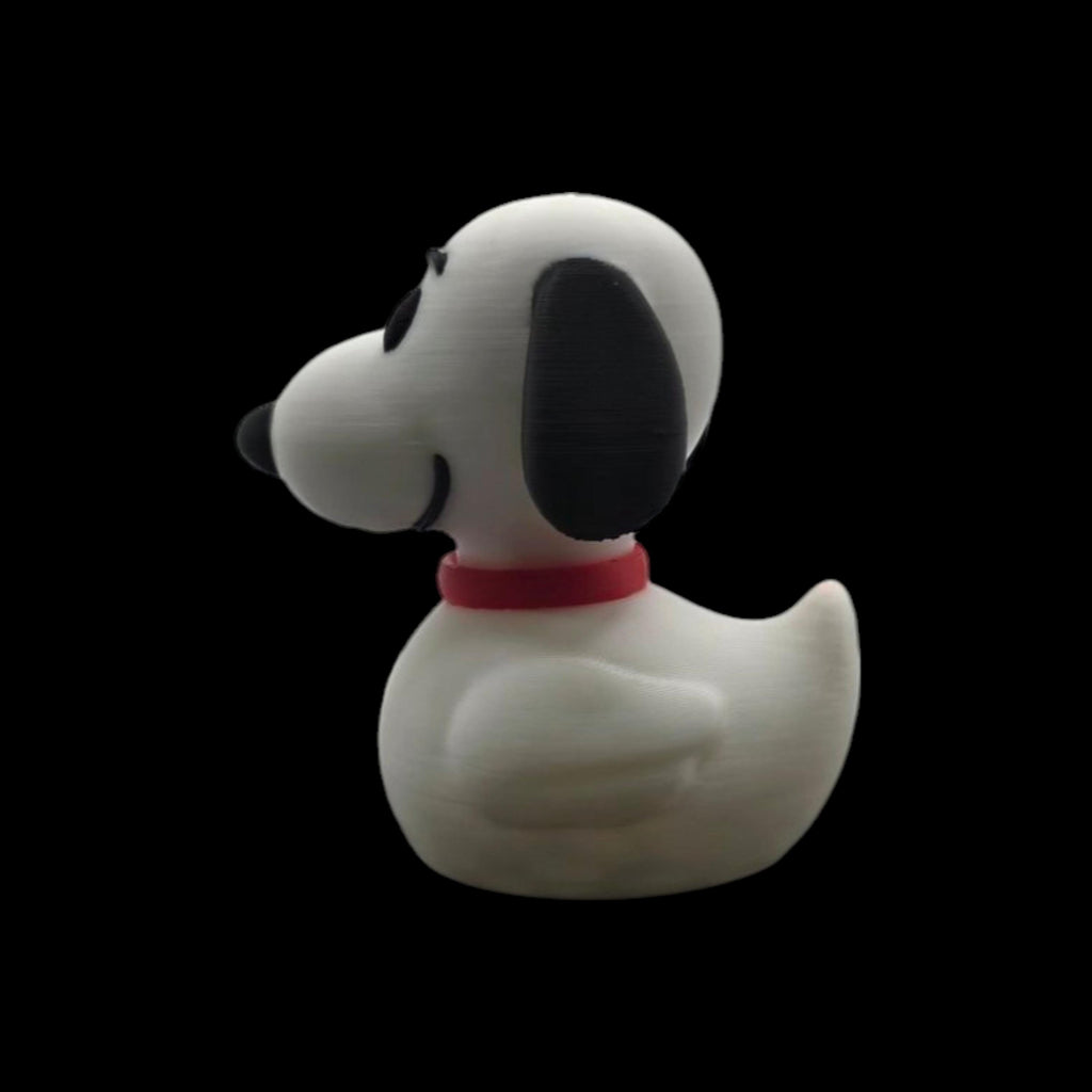 Unique Design Mashup Snoopy Duck Figure Yellow Body Character Black Ears Feature Red Collar Detail Cartoon Creation .