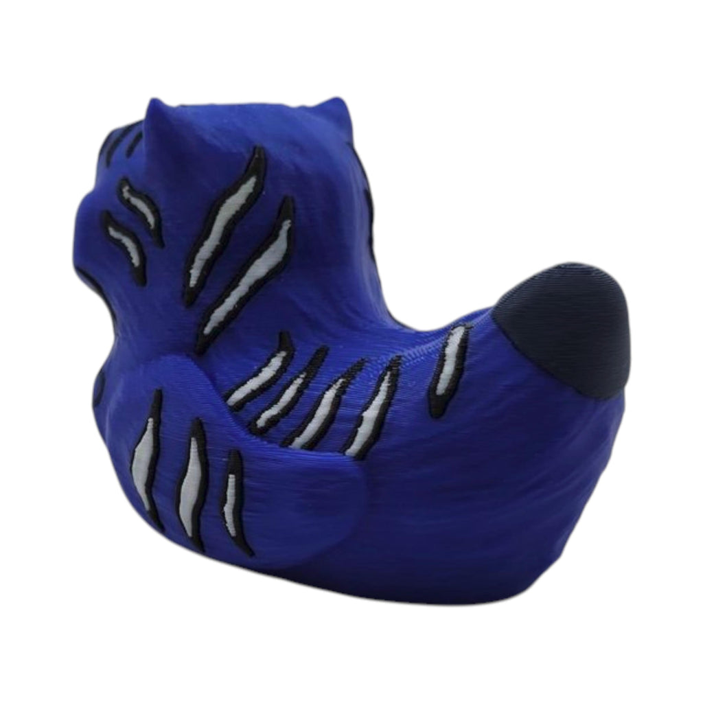 3D Printed Blue Tiger Duck Figurine Animal Collector Item Quirky Design Premium PLA Material Semi Gloss Finish Black Stripes Leopard Spots Yellow Green Eyes Fangs Pointed Ears Striped Tail Desk Accessory Gift Coworker Birthday Present Kpop