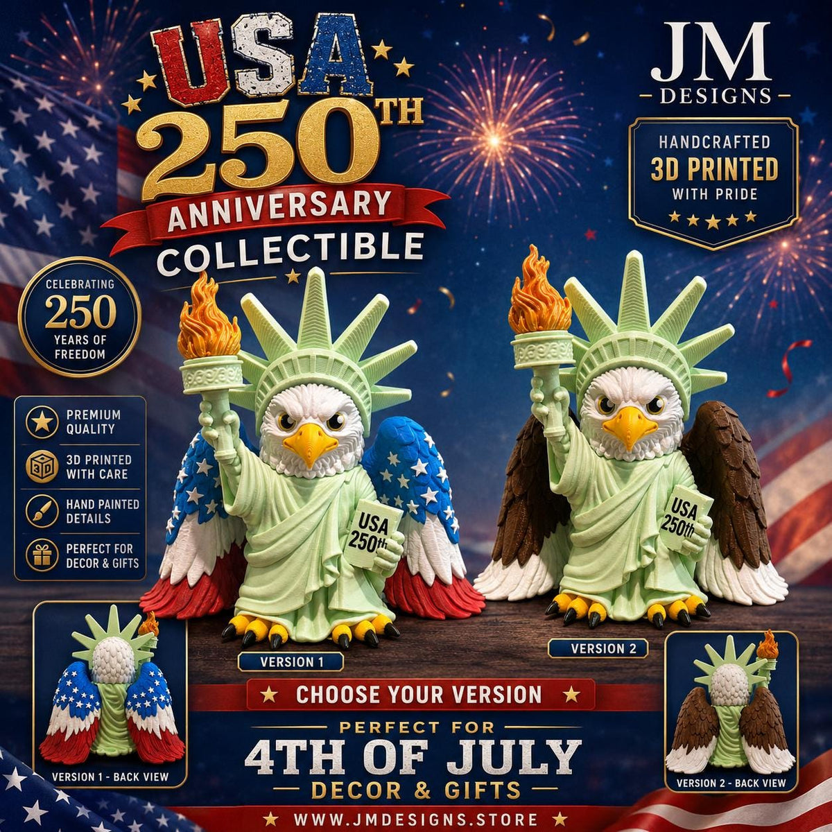 Liberty Eagle 250th Anniversary Limited Edition 3d Printed Desk Pal Standing Tall Patriotic Americana Flag Wing