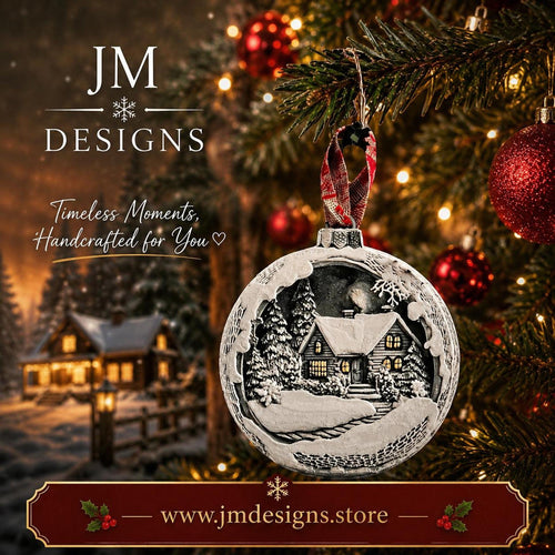 Ornament Winter Scene with Mountain Cottage, Holiday Decoration Tree Bauble - JM Designs