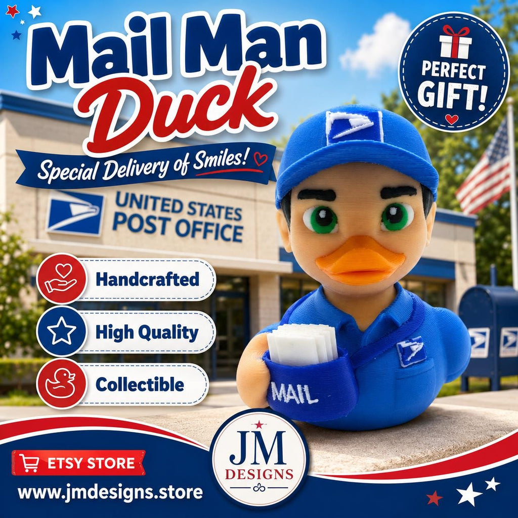 Promotional image of a 3D printed postal worker duck with a blue uniform, matching cap and orange beak. - JM Designs
