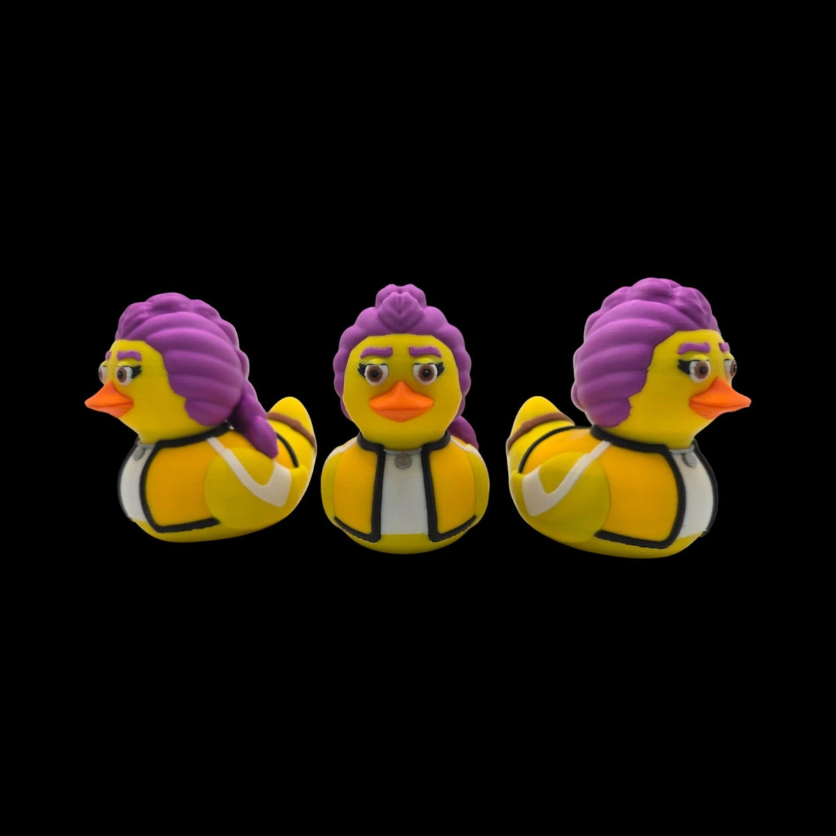 Rumi-inspired 3D printed duck figurine with purple hair, an orange beak and a yellow jacket. - JM Designs