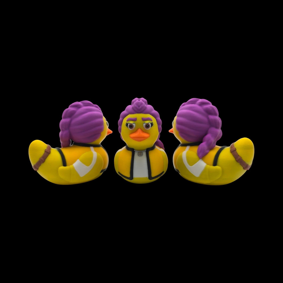 Rumi-inspired 3D printed duck figurine with purple hair, an orange beak and a yellow jacket. - JM Designs