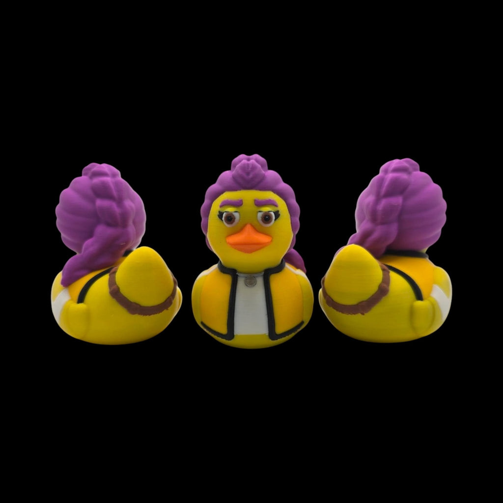 Rumi-inspired 3D printed duck figurine with purple hair, an orange beak and a yellow jacket.- JM Designs