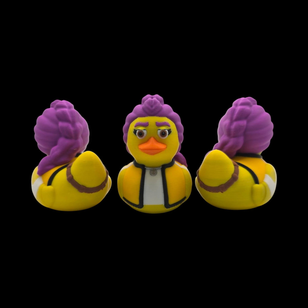 Rumi-inspired 3D printed duck figurine with purple hair, an orange beak and a yellow jacket.- JM Designs
