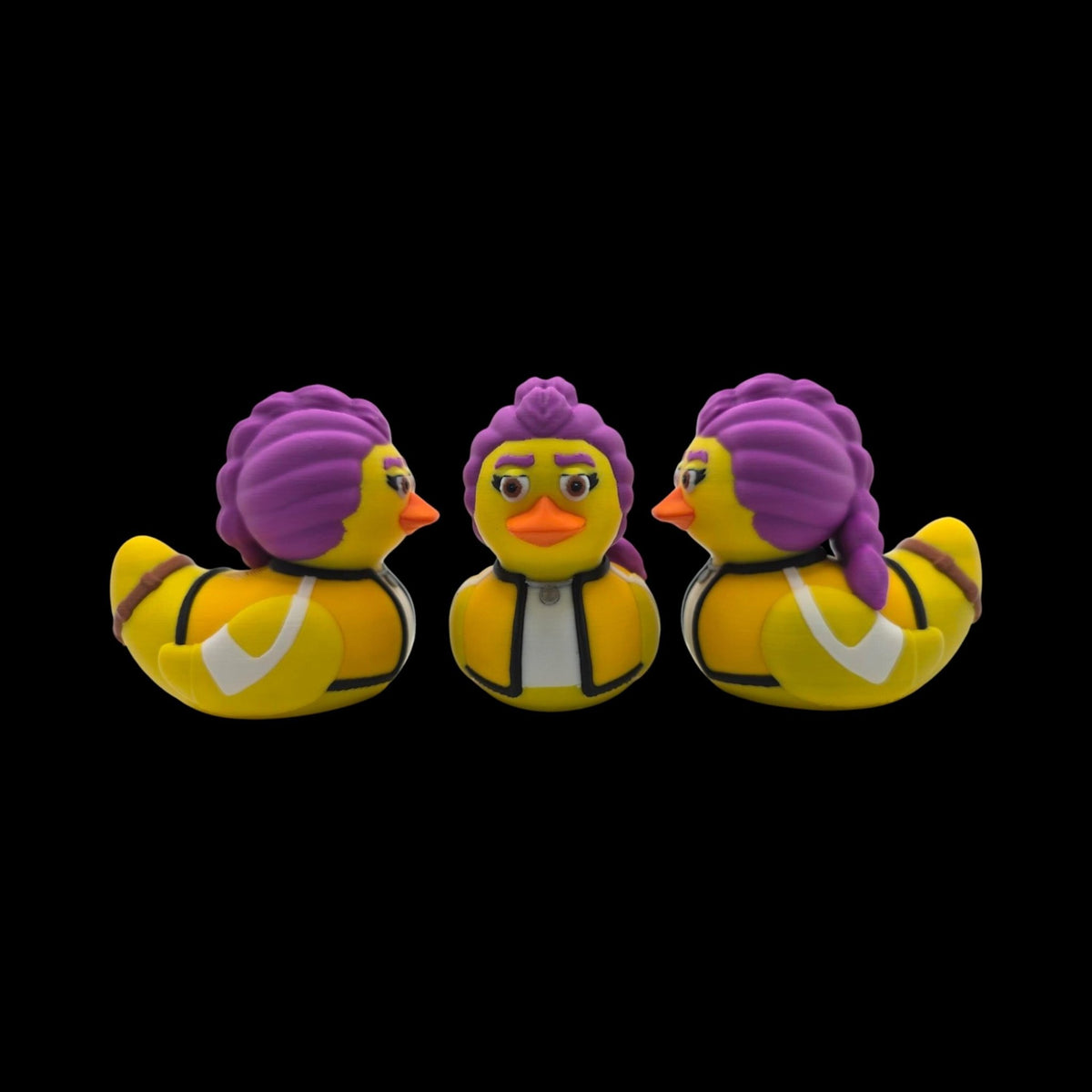 Rumi-inspired 3D printed duck figurine with purple hair, an orange beak and a yellow jacket. - JM Designs