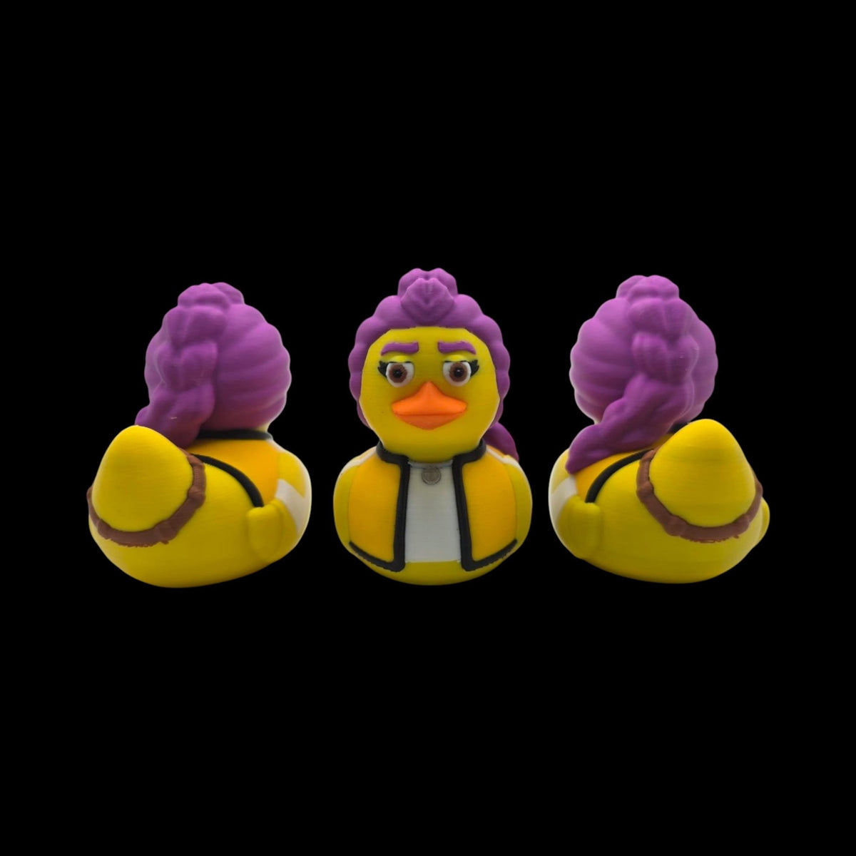 Rumi-inspired 3D printed duck figurine with purple hair, an orange beak and a yellow jacket.- JM Designs